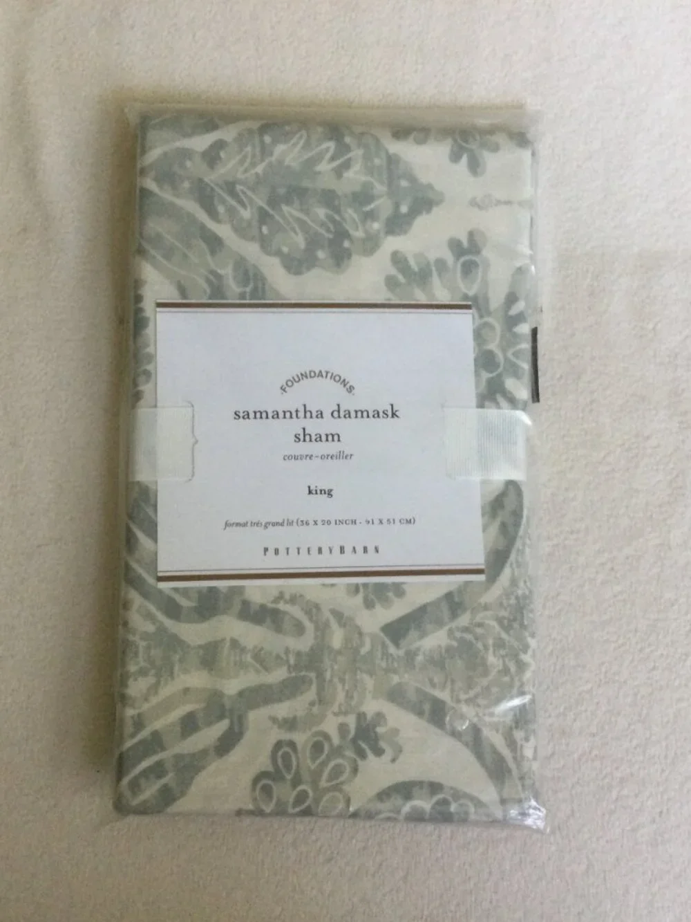 NEW Pottery Barn Foundations Samantha Damask King sham Set 2 Grey Ivory Cotton